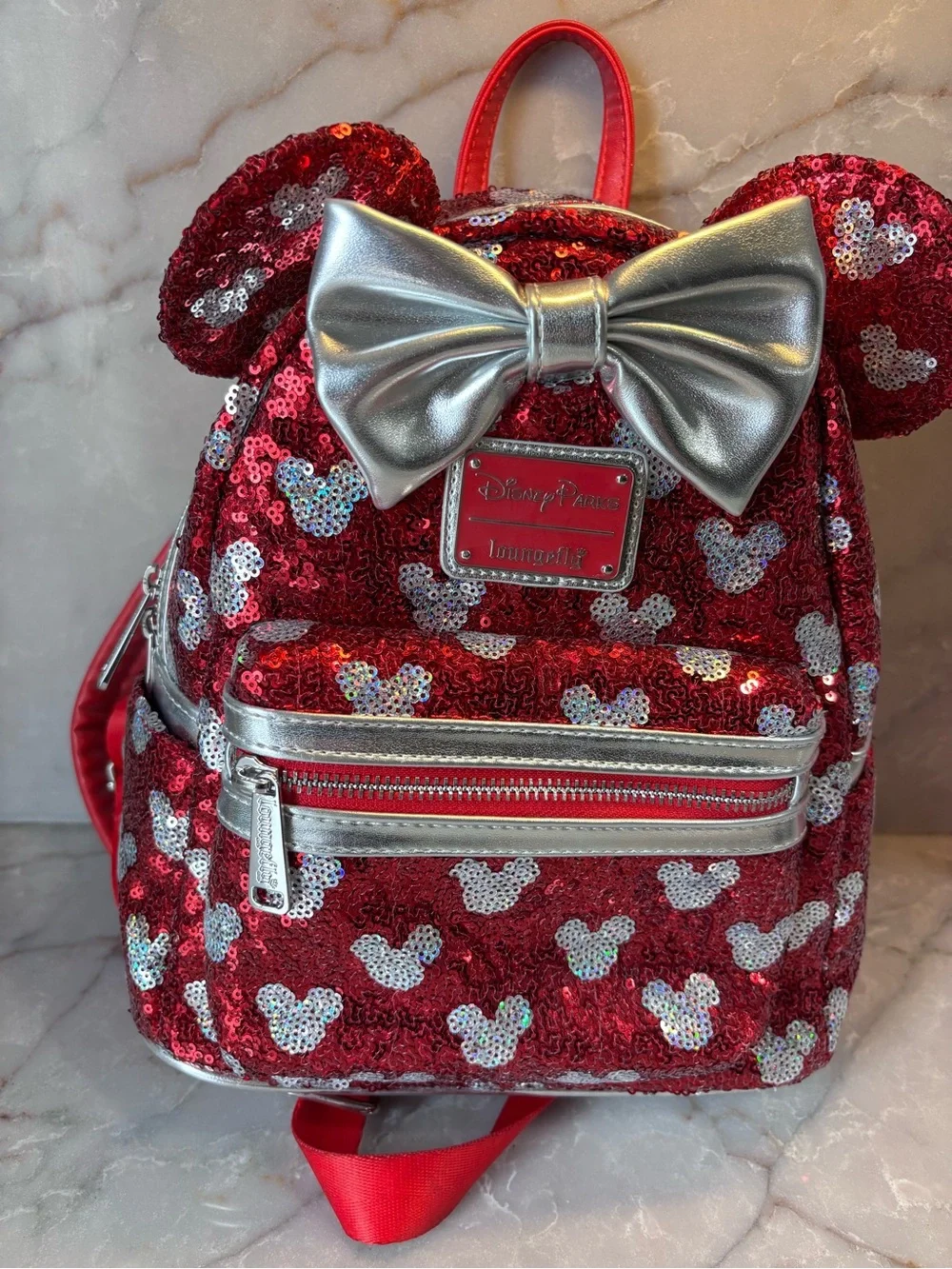 Disney Red Sequin Minnie Backpack with Silver Bow